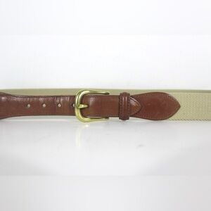 Vintage Tan Brown Leather and Cream Cotton Webbing Belt with Brass Buckle Mens